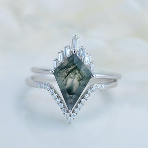 14K White Gold 4 Carat Kite Moss Agate Halo Engagement Ring, Eternity Ring Set