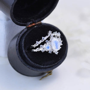 1 Carat Oval Moonstone Halo 14K White Gold Floral Engagement Ring Set