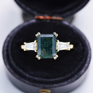 3 Carat Moss Agate Emerald Cut Three-Stone  Engagement Ring