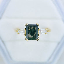 Load image into Gallery viewer, 3 Carat Moss Agate Emerald Cut Three-Stone  Engagement Ring
