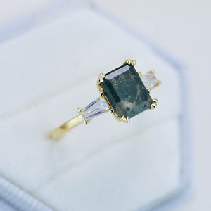 3 Carat Moss Agate Emerald Cut Three-Stone  Engagement Ring