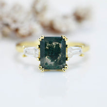 Load image into Gallery viewer, 3 Carat Moss Agate Emerald Cut Three-Stone  Engagement Ring
