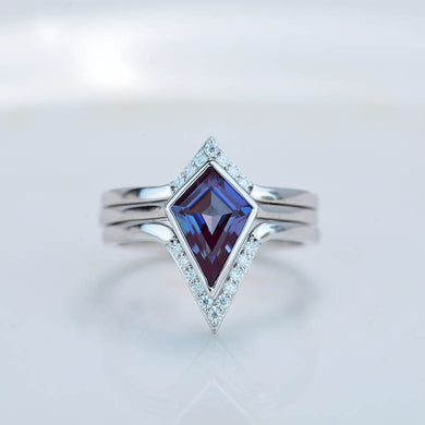 14K White Gold 3 Carat Kite Alexandrite Bezel Engagement Ring, Three Rings Set