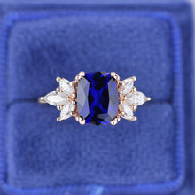 Load image into Gallery viewer, 2Ct Cushion Cut Sapphire Vintage Engagement Ring, Cushion Sapphire Engagement Ring, Marquise Side Accents Stones 14K Rose Gold Ring
