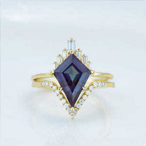 14K Gold 4 Carat Kite Alexandrite Halo Engagement Ring, Eternity Ring Set