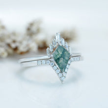Load image into Gallery viewer, 14K White Gold 2 Carat Kite Moss Agate Halo Engagement Ring, Eternity Ring Set

