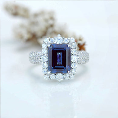 3Ct Alexandrite Engagement Ring Halo Emerald Step Cut Alexandrite  Engagement Ring