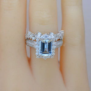 3Ct Natural Aquamarine Engagement Ring. Halo Emerald Cut Genuine Aquamarine Engagement Ring, 9x7mm Step Cut Aquamarine Engagement Ring with Eternity Band