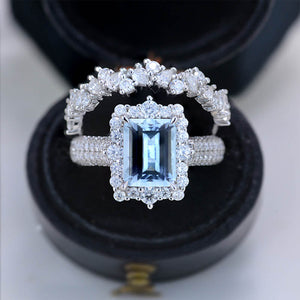 4Ct Genuine Aquamarine Engagement Ring Halo Emerald Step Cut Aquamarine Engagement Ring