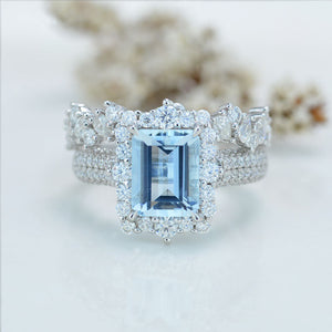 3Ct Natural Aquamarine Engagement Ring. Halo Emerald Cut Genuine Aquamarine Engagement Ring, 9x7mm Step Cut Aquamarine Engagement Ring with Eternity Band