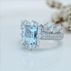 3Ct Natural Aquamarine Engagement Ring. Halo Emerald Cut Genuine Aquamarine Engagement Ring, 9x7mm Step Cut Aquamarine Engagement Ring with Eternity Band