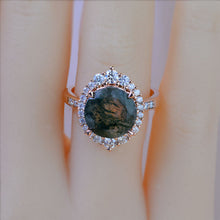 Load image into Gallery viewer, 5 Carat Round Genuine Moss Agate Halo Gold Engagement Ring
