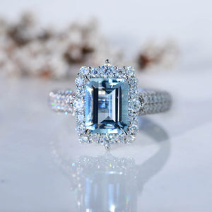 3Ct Genuine Aquamarine Engagement Ring Halo Emerald Step Cut Aquamarine Engagement Ring