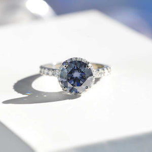 3 Carat Round Dark Grey Gray Blue Giliarto Moissanite Halo Gold Engagement Ring