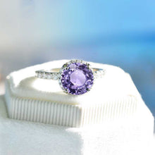 Load image into Gallery viewer, 3 Carat Round Purple Sapphire Halo Gold Engagement Ring
