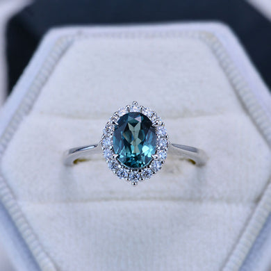 1.5Ct Teal Sapphire Halo Engagement Ring, Oval Shape Brilliant Cut Teal Sapphire Engagement Ring, 14K White Gold Ring
