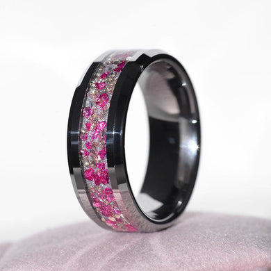 Genuine Crushed Raw Pink Quartz and White Sapphire Men's Tungsten Ring