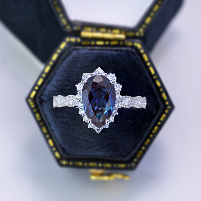 14K White Gold 3 Carat Pear Alexandrite  Halo Engagement Ring