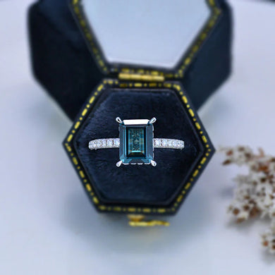 3 Carat Emerald Cut Teal Sapphire Hidden Halo Engagement Ring