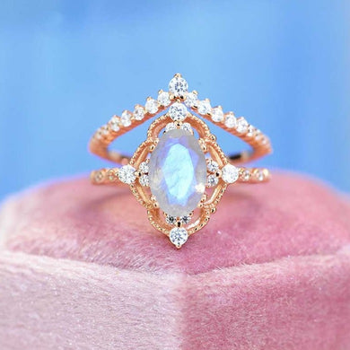 Rose Gold Plated Silver Dainty Natural Moonstone Ring Set, 2ct Oval Cut Moonstone Ring Set, Rose Gold Ring Unique Curved Marquise Cut Ring