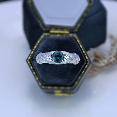 Green Teal Sapphire White Gold Floral Engagement Ring