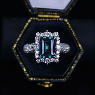 4Ct Alexandrite Engagement Ring Halo Emerald Cut Alexandrite Engagement Ring, 10x8mm Step Cut Alexandrite Engagement Ring with Eternity Band