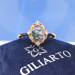 14K Rose Gold 1.5 Carat Oval Genuine Moss Agate Halo Engagement Ring