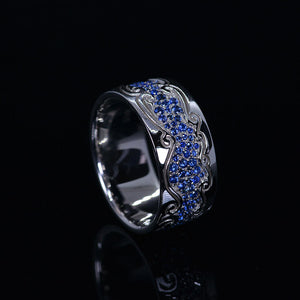 Men's Ring with Blue Sapphire Stones 14K White Gold Ring