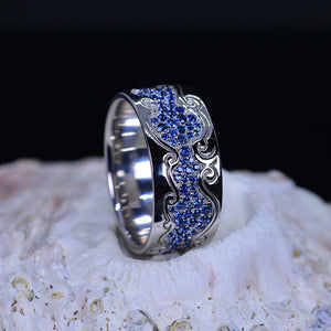 Men's Ring with Blue Sapphire Stones 14K White Gold Ring
