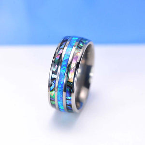 Genuine Australian Blue Fire Opal with Abalone Shell Titanium Ring For Him For Her