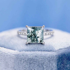 3 Carat Genuine Moss Agate Princess Cut Engagement Gold Ring.