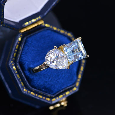 3 Carat Giliarto Emerald Cut Aquamarine with Pear Cut Paired Moissanite Two-Stone  Engagement Ring
