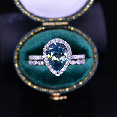 3 Carat Halo Pear Cut Teal Sapphire 14K Solid White Gold Ring Set