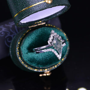 14K White Gold 2 Carat Kite Moss Agate Halo Engagement Ring, Eternity Ring Set
