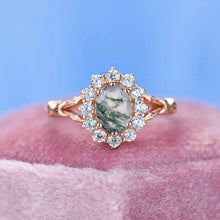 Load image into Gallery viewer, 1 Carat Oval Cut Vintage Rose Genuine Moss Agate Ring, Rose Gold Floral Unique Oval Halo Ring
