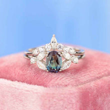 Load image into Gallery viewer, Rhodium Plated Silver Dainty Alexandrite Ring Set, 1.5ct Oval Cut Alexandrite Ring Set, Silver Ring Unique Curved Marquise Cut Ring Set
