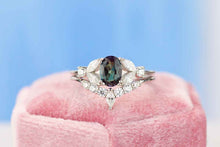 Load image into Gallery viewer, Rhodium Plated Silver Dainty Alexandrite Ring Set, 1.5ct Oval Cut Alexandrite Ring Set, Silver Ring Unique Curved Marquise Cut Ring Set
