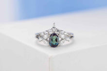 Load image into Gallery viewer, Rhodium Plated Silver Dainty Alexandrite Ring Set, 1.5ct Oval Cut Alexandrite Ring Set, Silver Ring Unique Curved Marquise Cut Ring Set
