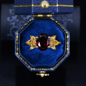 14K Yellow Gold 2 Carat Oval Genuine Garnet Halo Citrine  Vintage Cluster  Engagement Ring
