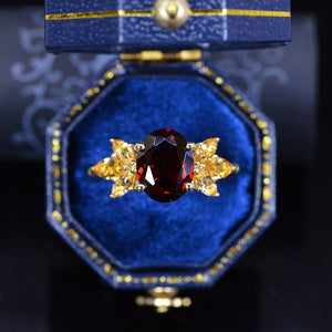 14K Yellow Gold 2 Carat Oval Genuine Garnet Halo Citrine  Vintage Cluster  Engagement Ring