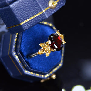 14K Yellow Gold 2 Carat Oval Genuine Garnet Halo Citrine  Vintage Cluster  Engagement Ring