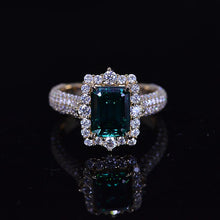 Load image into Gallery viewer, 3Ct Green Moissanite Engagement Ring Halo Emerald Step Cut Moissanite Engagement Ring
