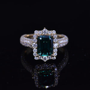 3Ct Green Moissanite Engagement Ring Halo Emerald Step Cut Moissanite Engagement Ring