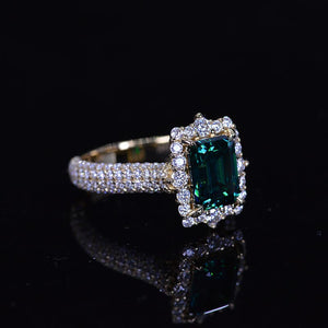 3Ct Green Moissanite Engagement Ring Halo Emerald Step Cut Moissanite Engagement Ring