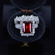 Load image into Gallery viewer, 4Ct Ruby Engagement Ring Halo Emerald Cut Ruby Engagement Ring, 10x8mm Step Cut Ruby Engagement Ring with Eternity Band
