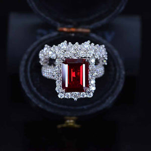 4Ct Ruby Engagement Ring Halo Emerald Cut Ruby Engagement Ring, 10x8mm Step Cut Ruby Engagement Ring with Eternity Band