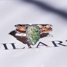 Load image into Gallery viewer, 3 Carat Pear Genuine Moss Agate Engagement Eternity Rose Gold Ring Set
