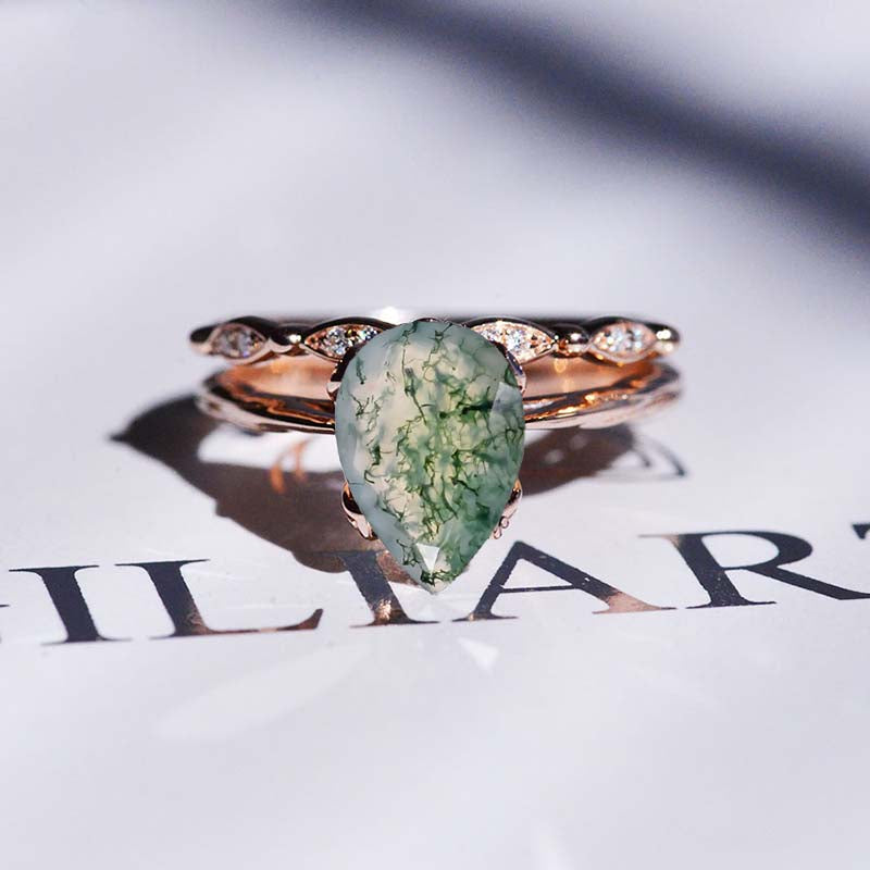3 Carat Pear Genuine Moss Agate Engagement Eternity Rose Gold Ring Set