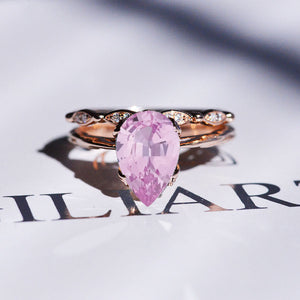 3 Carat Pear Pink Sapphire 14K Rose Gold Engagement. Eternity Ring. Set of Two Rings. Leaf Floral Ring Design