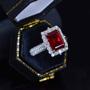 4Ct Ruby Engagement Ring Halo Emerald Cut Ruby Engagement Ring, 10x8mm Step Cut Ruby Engagement Ring with Eternity Band